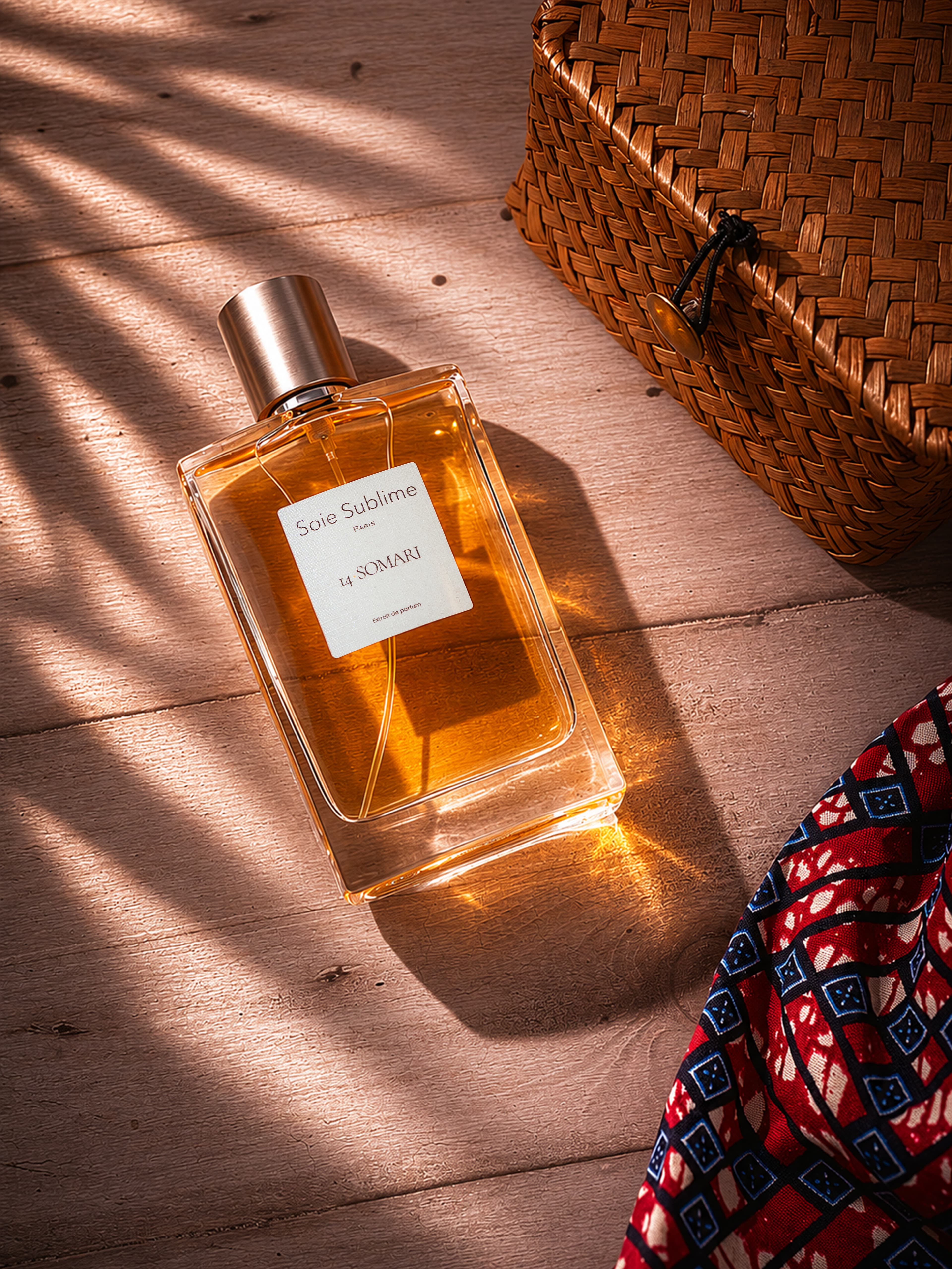 SOMARI bottle among woven fibres and red cloth in intense orange sunlight